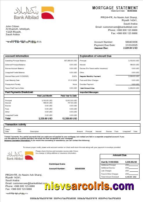 Saudi Arabia Bank Albilad mortgage statement